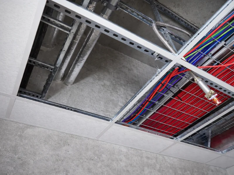 Fire compartmentation within a commercial ceiling void showing sealed service penetrations, cable trays and ductwork designed to prevent the spread of fire and smoke.