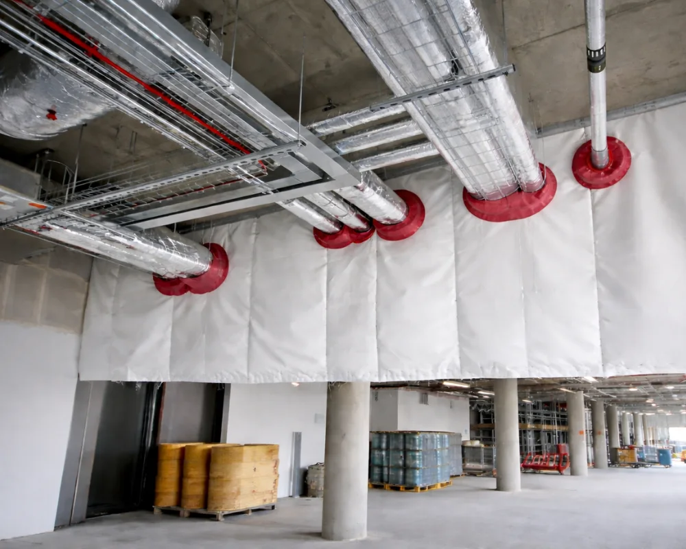Fire curtain system installed around ductwork and cable tray penetrations in a commercial building to prevent fire and smoke spread