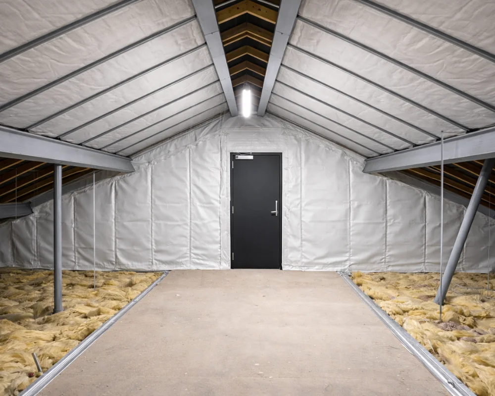 Fire rated compartment wall with fire door installed in roof space to prevent fire and smoke spread between building sections