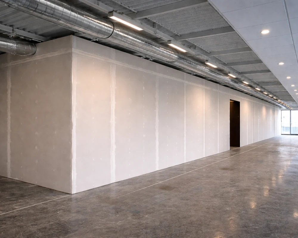 Fire Rated Plasterboard Partition in Commercial Construction Fire rated plasterboard partition wall installed in a commercial building to provide fire compartmentation and prevent fire and smoke spread