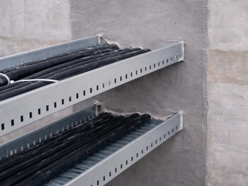 Firestop mortar sealing cable tray penetrations in a concrete wall to prevent fire and smoke spread
