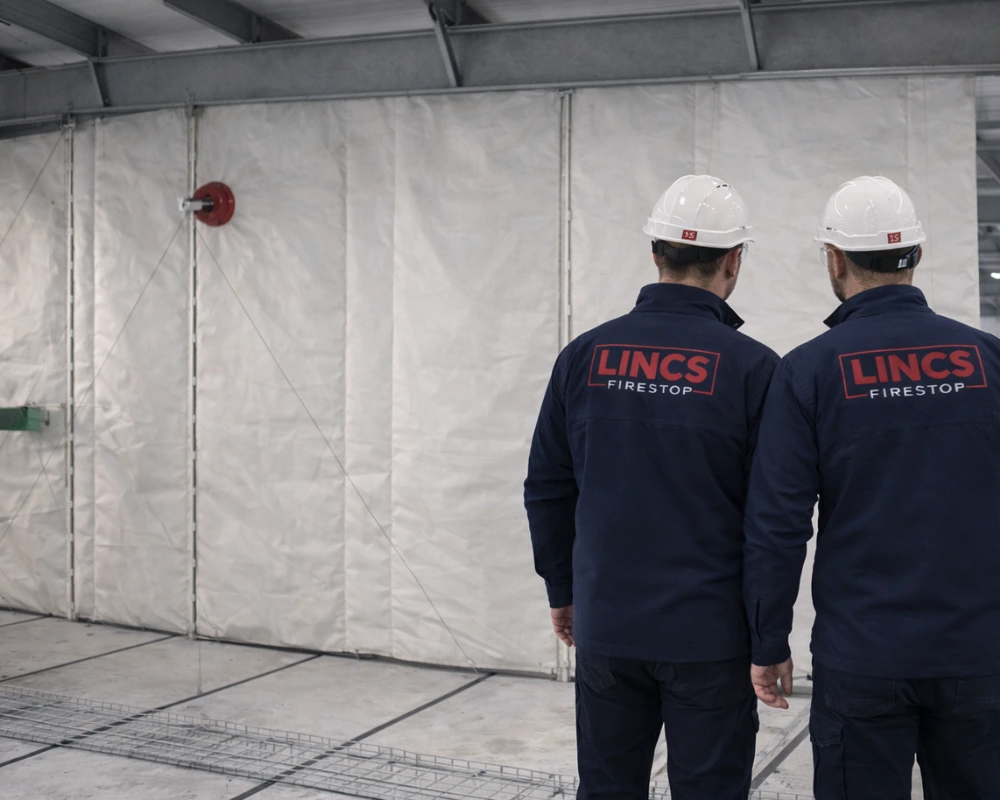 Two Lincs Firestop engineers inspecting a fire curtain system installed within a commercial building to prevent fire and smoke spread between compartments